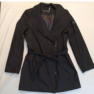 Calvin Klein Black Asymmetrical Zip Belted Trench Coat